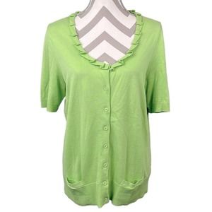 Talbots cardigan knit short sleeve ruffle neckline green size XL